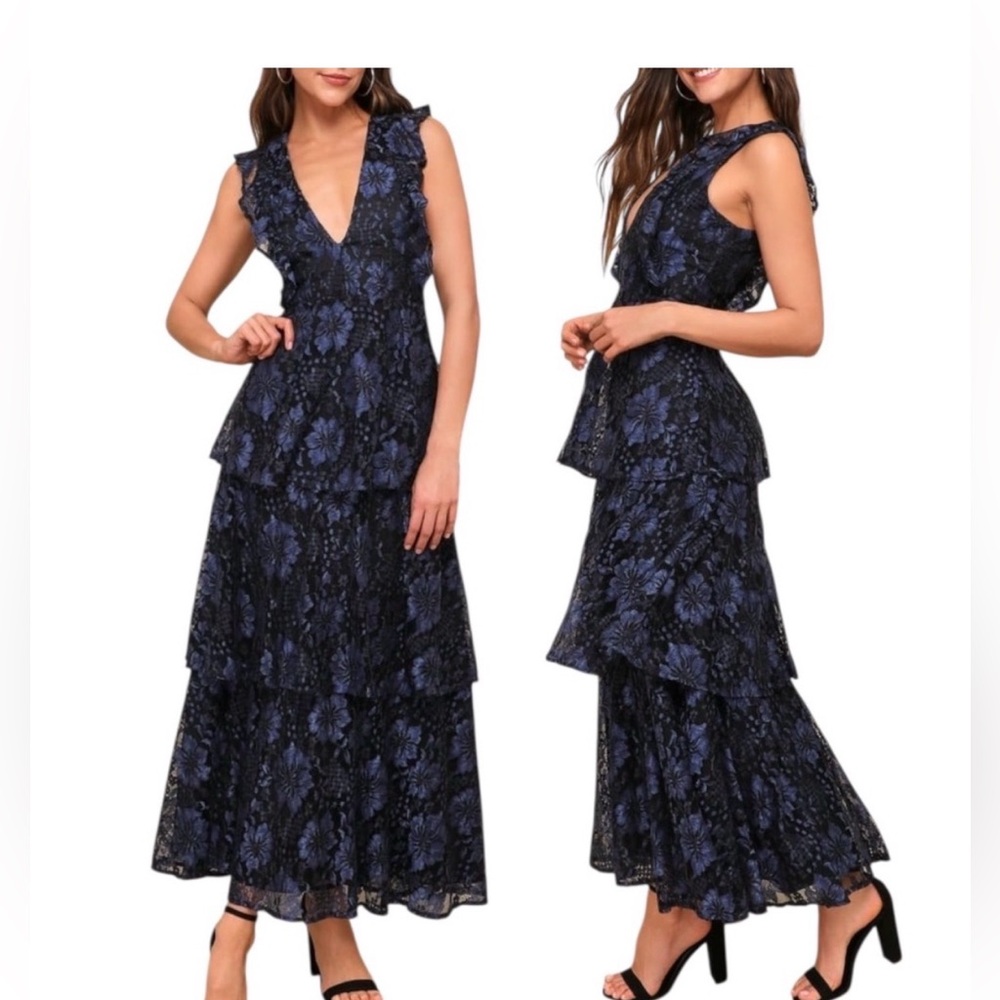 Lulu's Navy and Black Floral Tiered Maxi Dress